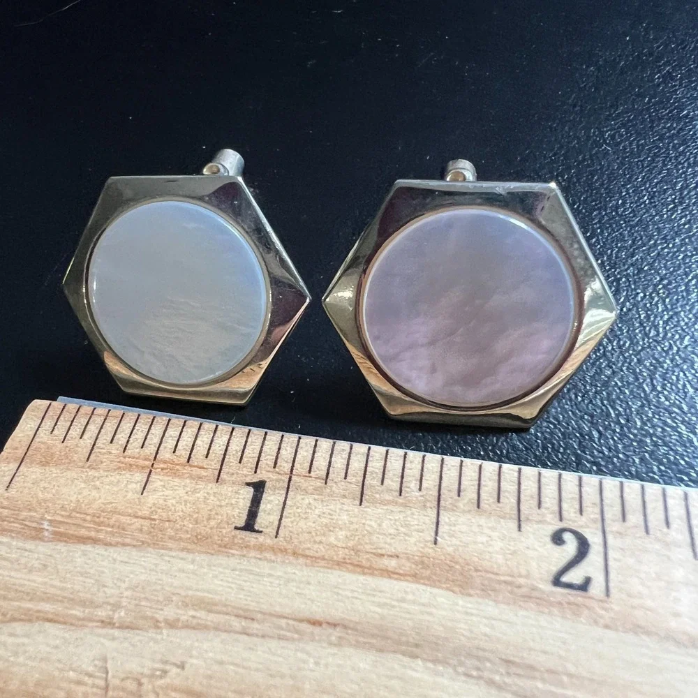 Vintage Faux Mother Of Pearl Hexagon Cufflinks Gold Tone Menswear Classic Dressy